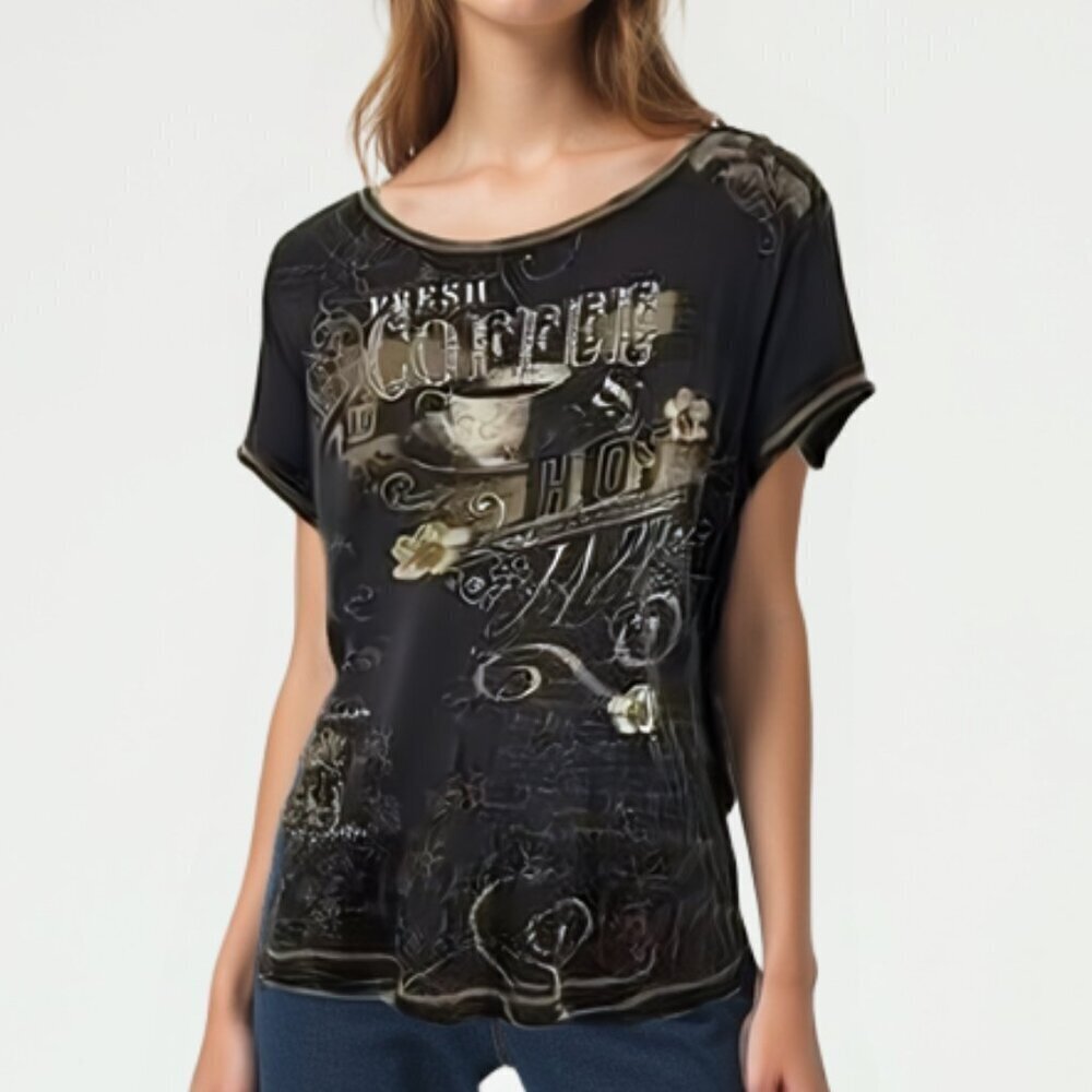 Vtg Y2K Blue Canyon "Fresh Coffee" Graphic Tee - Whimsigoth Grunge Baby Tee L